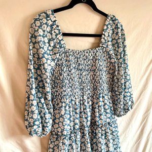 *NWOT* PINK LILY, Cream and Blue Floral Printed Shirred Off-The-Shoulder Dress